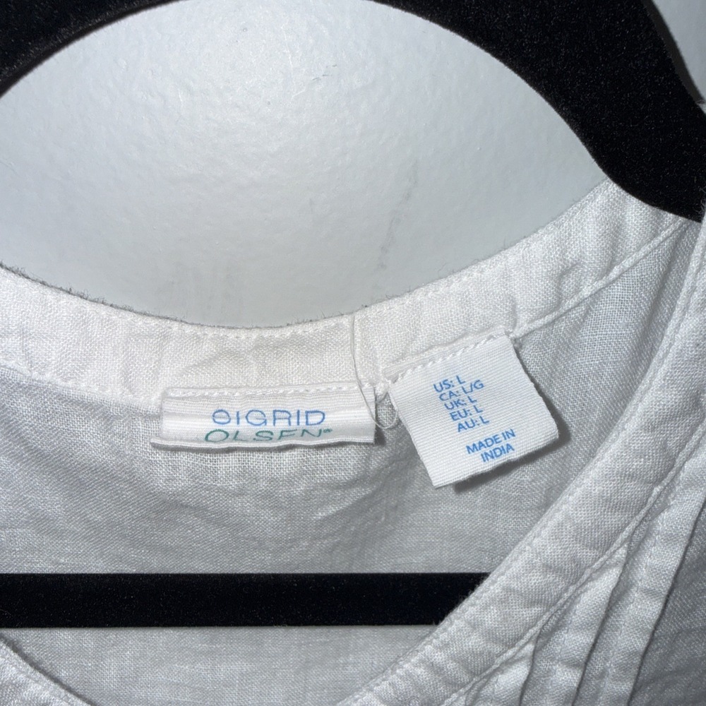 Sigrid Olsen Shirt Women Sz  Large 100% Linen White Tank Pink tuck Buttons - Picture 2 of 9